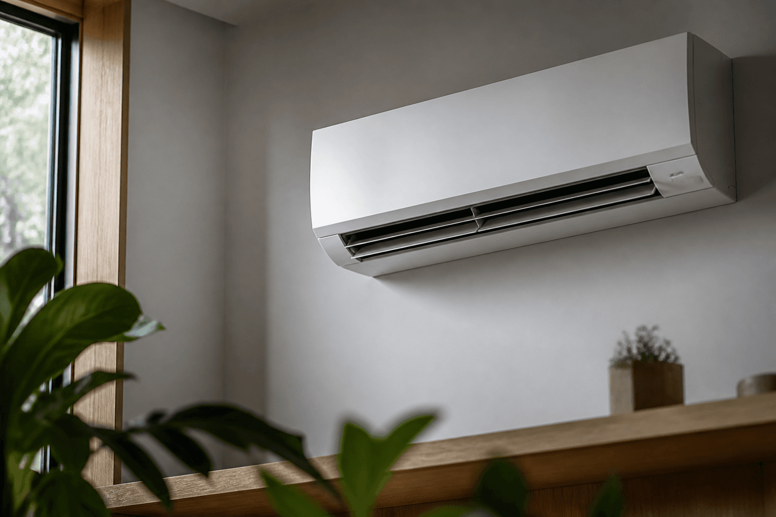 Wall-mounted heat pump above a timber console in a bright living space